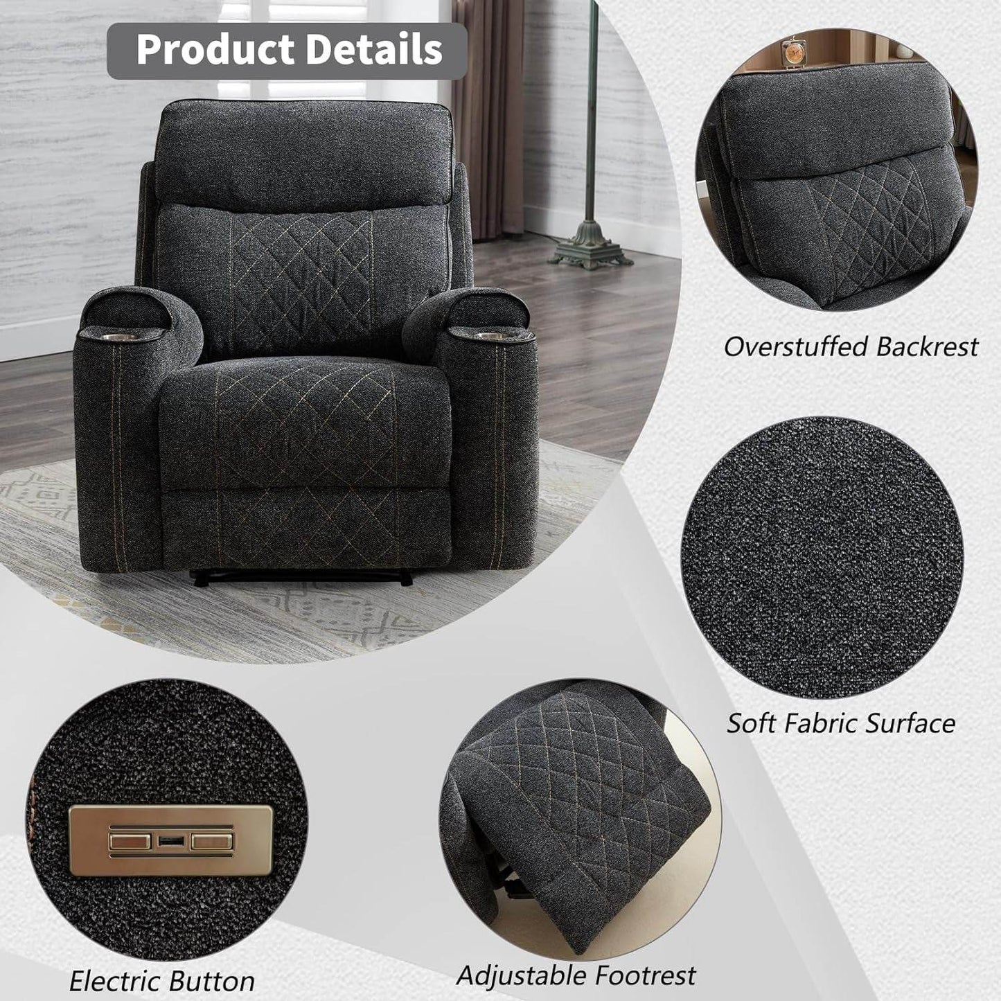 Classic Power Recliner Sofa with Cup Holders and Double Layer Backrest - Loft&Timber