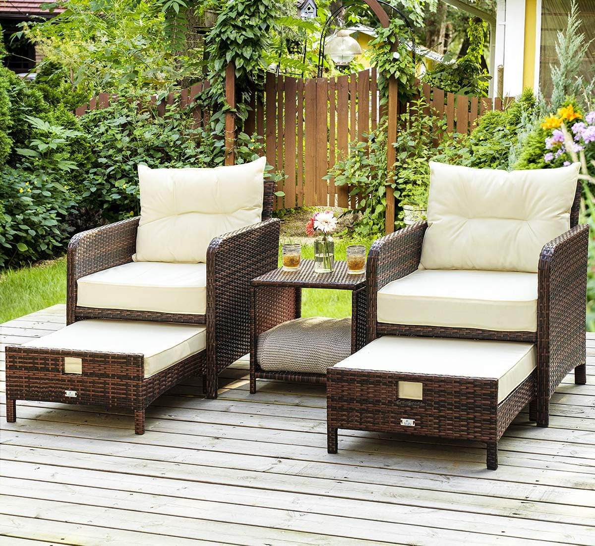5 Pieces Patio Furniture Set, Rattan Balcony Furniture with Ottomans, PE Wicker Outdoor Patio Chairs Set with Coffee Table for Poolside, Porch, Lawn, Garden, Balcony(Beige) - Loft&Timber