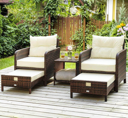5 Pieces Patio Furniture Set, Rattan Balcony Furniture with Ottomans, PE Wicker Outdoor Patio Chairs Set with Coffee Table for Poolside, Porch, Lawn, Garden, Balcony(Beige) - Loft&Timber
