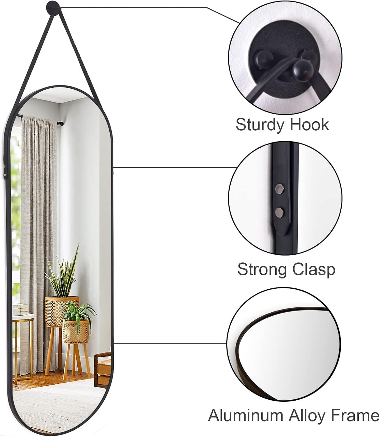16"X48" Oval Hanging Mirror with Leather Strap Full Length Mirror Aluminum Frame Wall-Mounted Hanging Mirrors for Bathroom Vanity Living Room Bedroom Entryway Decor - Loft&Timber