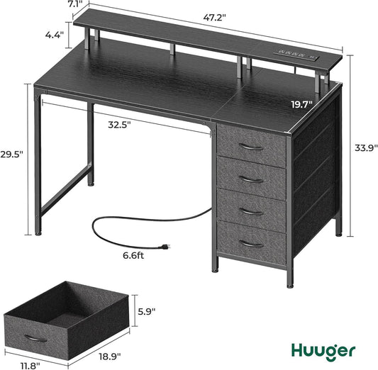 47 Inch Computer Desk with Power Outlets and LED Lights in Black - Loft&Timber