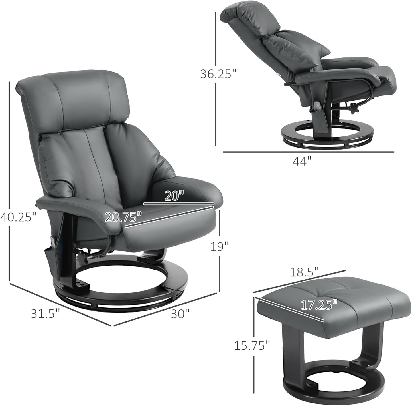 Massage Recliner Chair Ottoman 360 Swivel Leather Gray-2