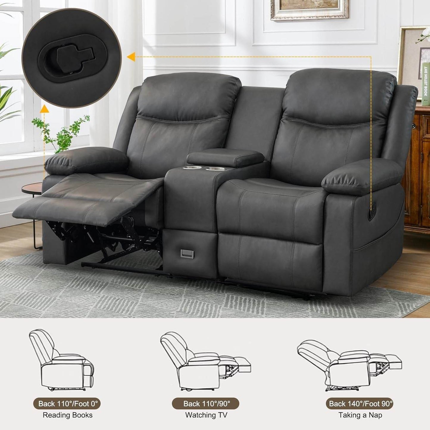 Loveseat Recliner, Reclining Loveseat with Console, Double Reclining Loveseat, 2 Seater Manual Reclining Couch for Living Room, Office, Home Theater(Pu-Grey) - Loft&Timber