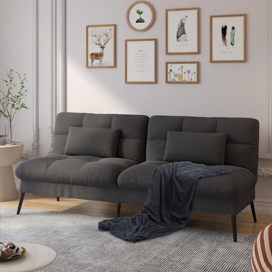Convertible Futon Sofa Bed, 68″Fabric Futon Couch with Adjustable Backrest, Folding Futon Sleeper Recliner for Living Room Furniture (Black)-1