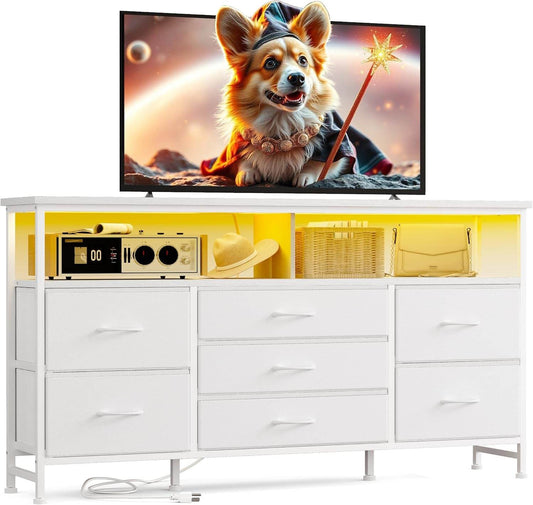 55 Inch Dresser TV Stand with Power Outlets in White - Loft&Timber