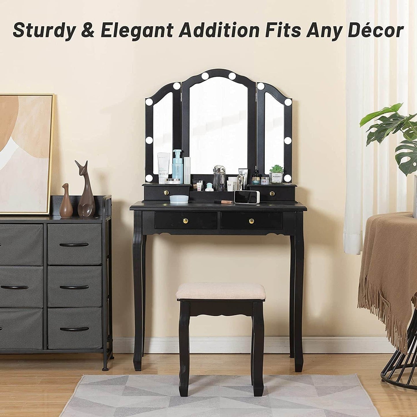 Tri-Fold Makeup Vanity with Lights, Mirror, Stool, 4 Drawers (Black) - Loft&Timber