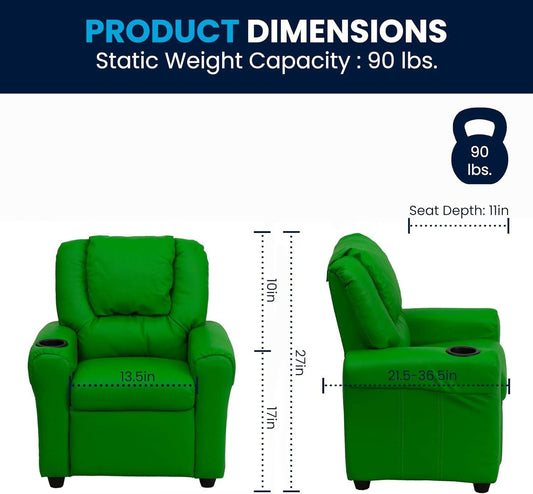 Vana Vinyl Kids Recliner with Cup Holder, Headrest, and Safety, 90 Lbs., Green - Loft&Timber
