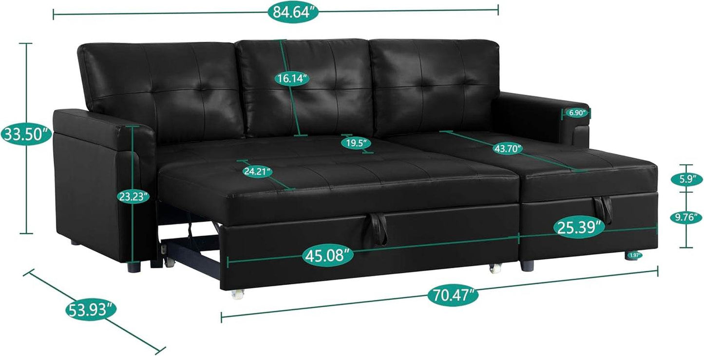Jenny Sectional Sofa Sleeper with Storage Chaise, Tufted Pull Out Couch with Storage, Sectional Bed, L-Shaped Reversible Sleeper Sofa, Black,Air Leather - Loft&Timber