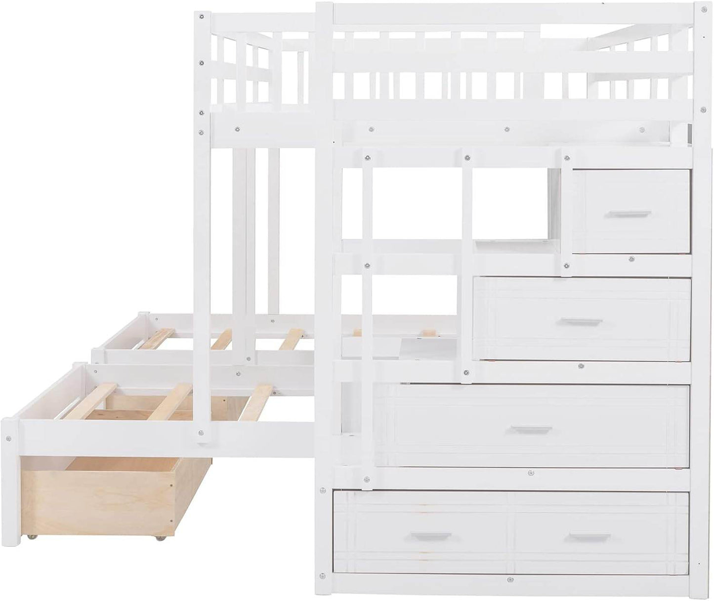 Triple Bunk Beds with Drawers, Wood Full over Twin & Twin Bunk Bed with Storage Staircase, Triple Bed for Kids,3 Bed Bunk Beds with Storage for Girls Boys,White - Loft&Timber