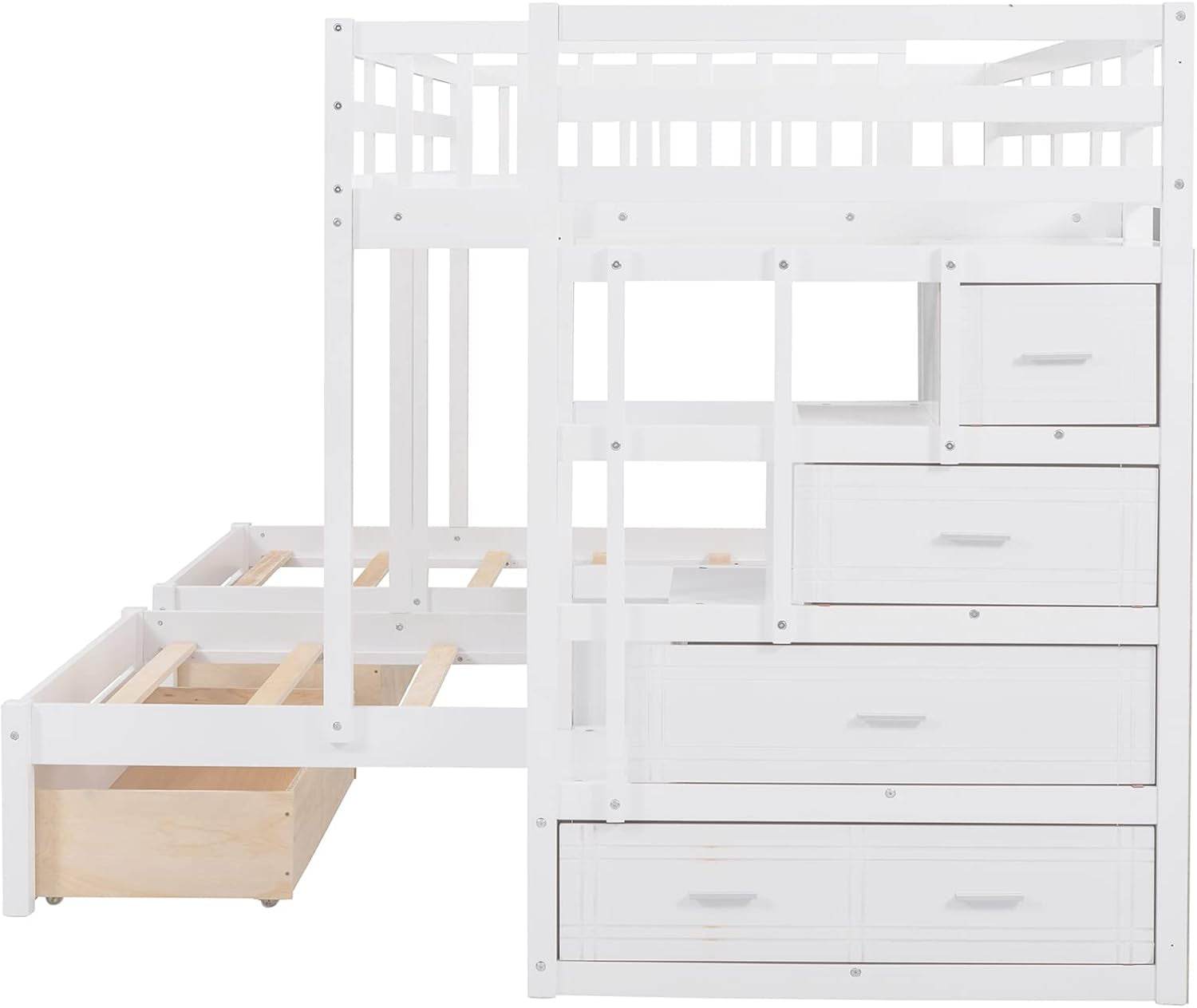Triple Bunk Beds with Drawers, Wood Full over Twin & Twin Bunk Bed with Storage Staircase, Triple Bed for Kids,3 Bed Bunk Beds with Storage for Girls Boys,White - Loft&Timber