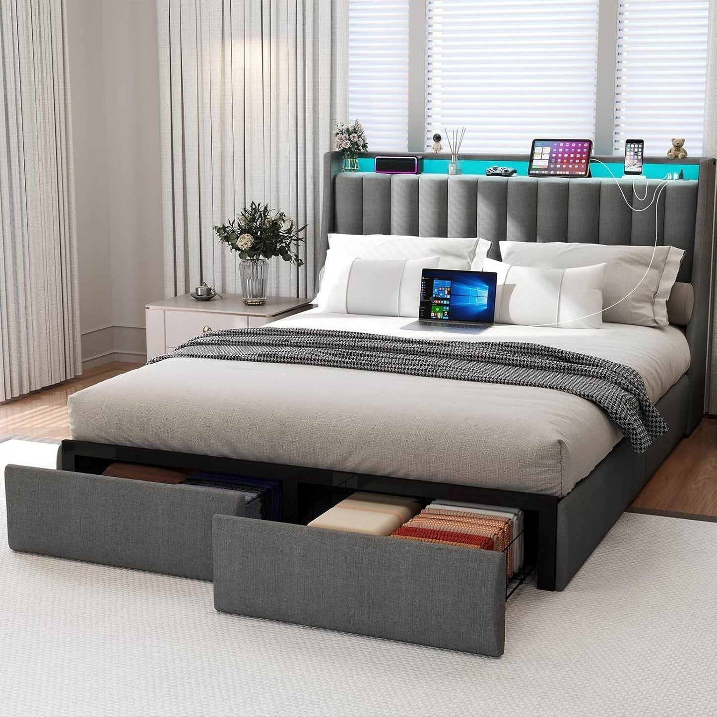 Queen Bed Frame with 2 Storage Drawers, Platform Bed Frame Queen Size with LED Light in Gray - Loft&Timber