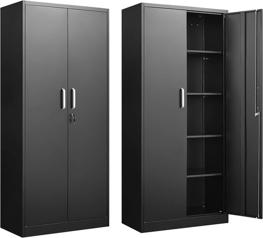 Black Metal Storage Cabinet Adjustable Shelves Locking - Loft&Timber