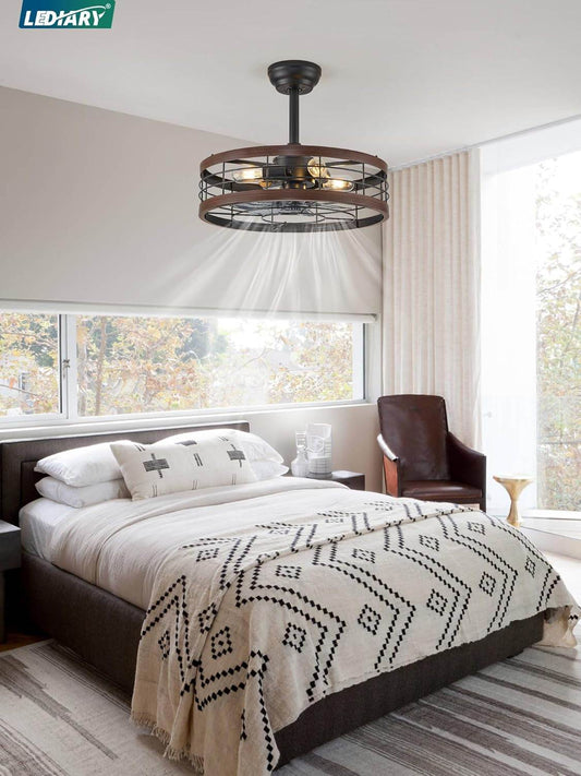 20 Inch Fandelier Caged Ceiling Fan with Light, Bladeless Ceiling Fan with Remote, Farmhouse Fan Lights Ceiling Fixtures for Kitchen, Bedroom, Outdoor(6 Speed, Timing) - Walnut - Loft&Timber