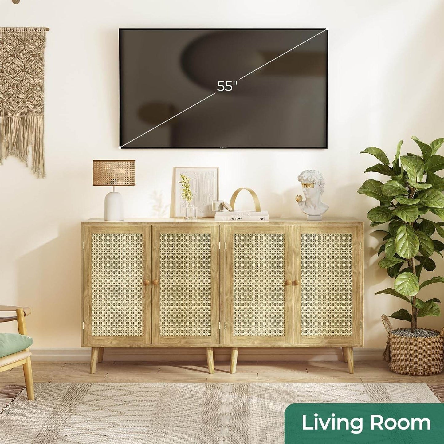 Buffet Cabinet with Storage, Storage Cabinet with PE Rattan Decor Doors in Natural - Loft&Timber