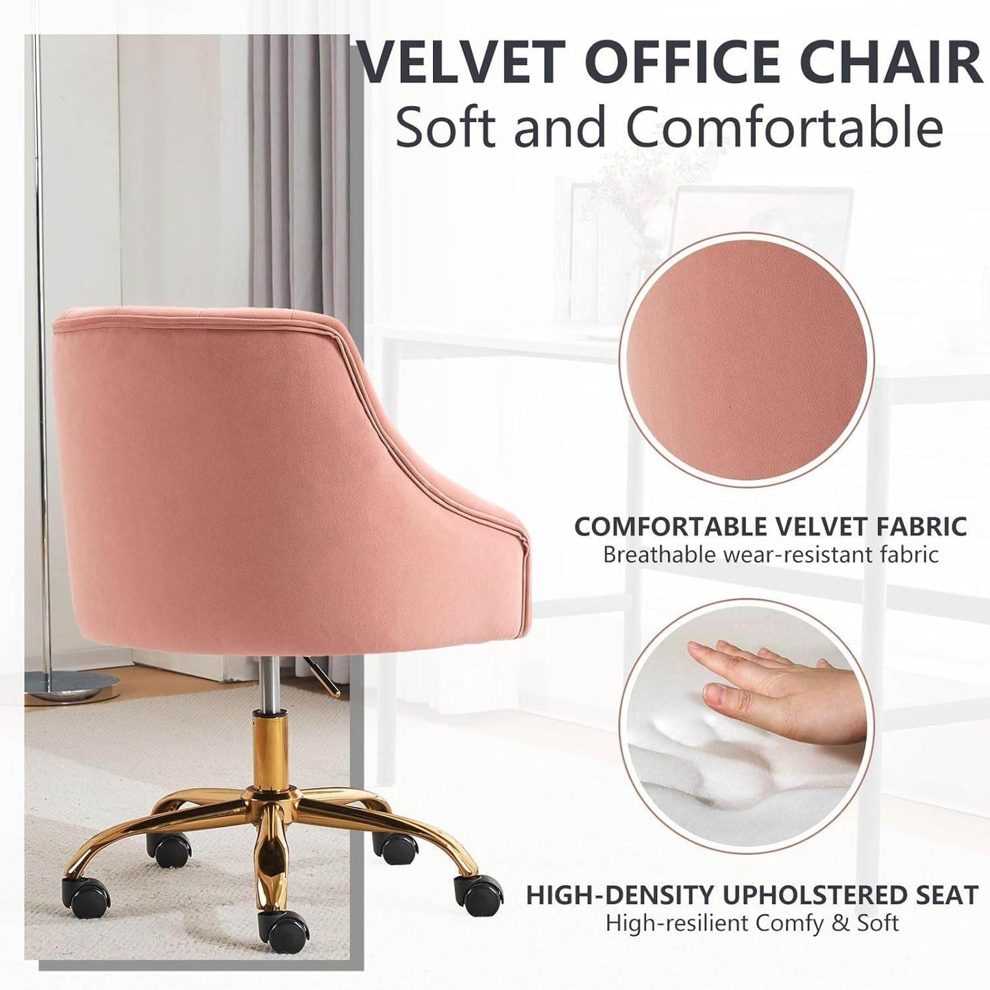 Velvet Office Swivel Chair, Vanity Chair, Fabric Desk Chair, Pretty Fancy Chair, Gold Office Chair for Girls, 360°Swivel Height Adjustable Reception Chair (Pink) - Loft&Timber