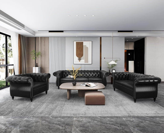 3-Piece Living Room Sectional Sofa Set, Upholstered Sofa Modern Sofa Couches Set Style Button Tufted, PU Chesterfield Sofa for Living Room Apartment, 1+2+3 Seat PU Black - Loft&Timber