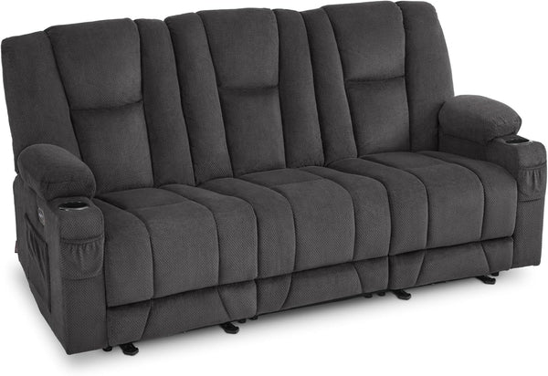 Power Reclining Sofa with Heat and Vibration,Usb Ports, Cup Holders,3-Seat Dual Recliner Sofa for Living Room 6015 (Gray)-0