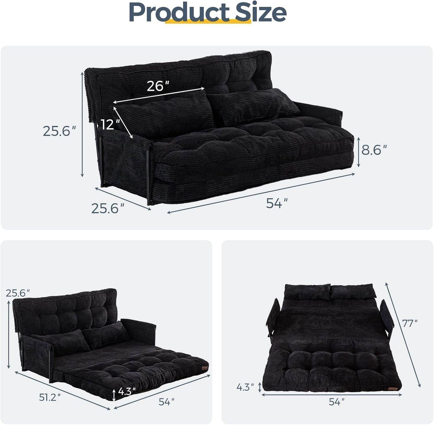 Adjustable Floor Sofa Couch with 2 Pillows, Multi-Functional Bean Bag Bed, 5-Position Foldable Lazy Sofa Sleeper Bed with Armrest, Versatile Floor Seating Sofa for Reading, Black, Double - Loft&Timber