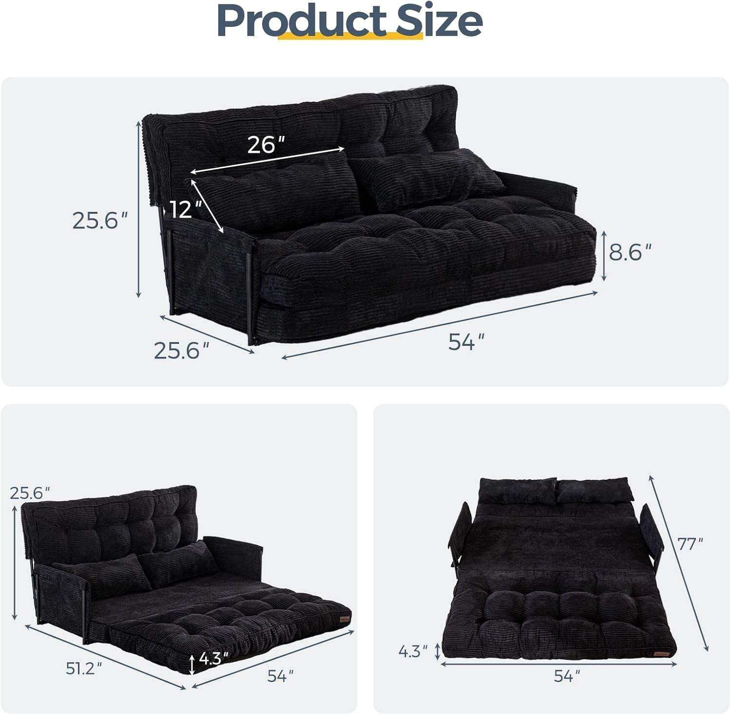 Adjustable Floor Sofa Couch with 2 Pillows, Multi-Functional Bean Bag Bed, 5-Position Foldable Lazy Sofa Sleeper Bed with Armrest, Versatile Floor Seating Sofa for Reading, Black, Double - Loft&Timber