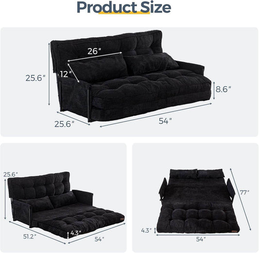Adjustable Floor Sofa Couch with 2 Pillows, Multi-Functional Bean Bag Bed, 5-Position Foldable Lazy Sofa Sleeper Bed with Armrest, Versatile Floor Seating Sofa for Reading, Black, Double - Loft&Timber