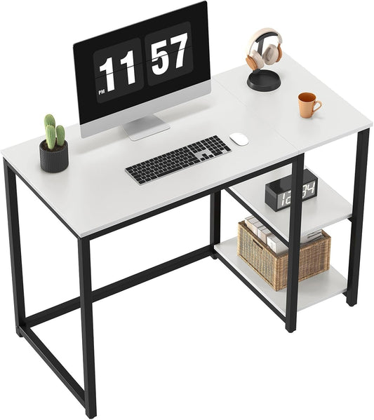Computer Desk 40 Inches with 2-Tier Shelves Sturdy Home Office Desk with Large Storage Space Modern Gaming Desk Study Writing Laptop Table, White Desk-0