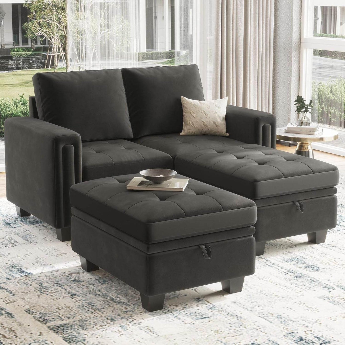 Velvet Modular Sectional Sofa Couch with Storage Convertible Sectional Sleeper Sofa Couch Bed Set with Reversible Chaise Grey - Loft&Timber