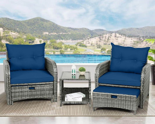 5 Pieces Wicker Outdoor Patio Chairs Set with Ottoman, All Weather PE Rattan Patio Conversation Furniture Set Outdoor Furniture Set with Hidden Ottoman for Poolside Garden Balcony, Blue - Loft&Timber