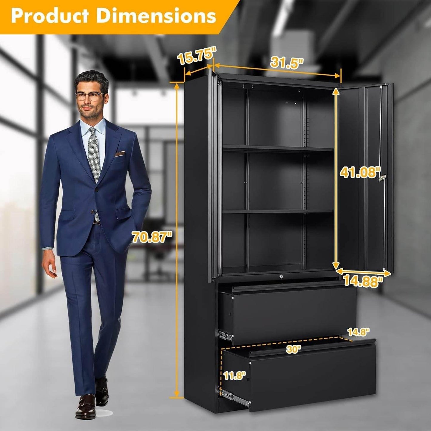 2 Drawer Lateral File Cabinet, Metal Storage Cabinet with Drawers, Locking File Cabinet with Storage Shelves, Metal Storage Cabinets for Letter/Legal/F4/A4 Size Files (Two Drawer, Black) - Loft&Timber