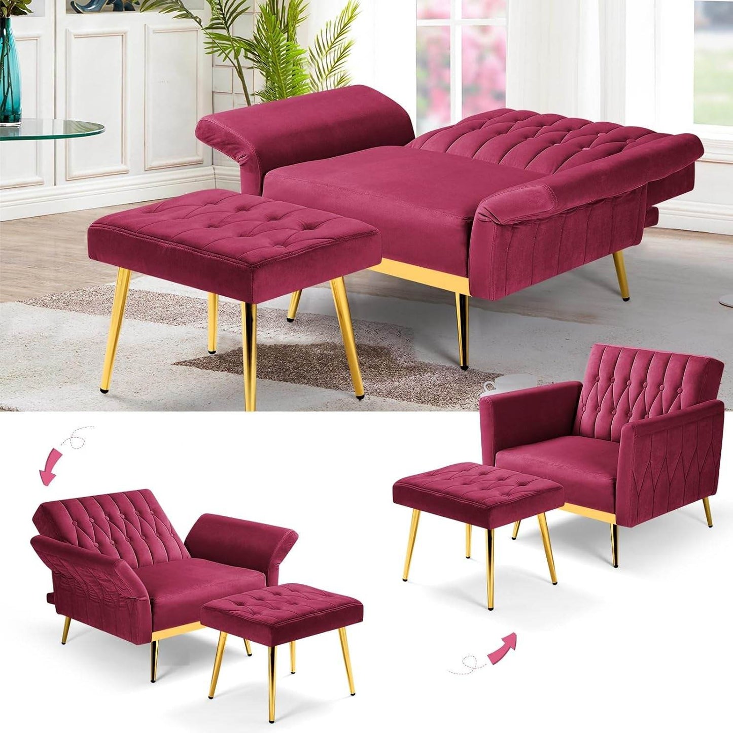 2 Pieces Velvet Futon Sofa Set with Adjustable Backrests and Armrests, 70” Convertible Sofa Bed & Tufted Accent Chair with Ottoman for Living Room, Fuchsia - Loft&Timber