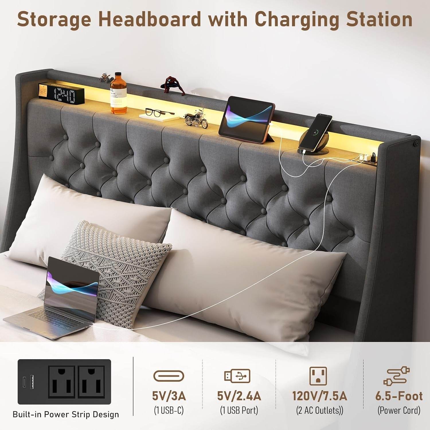 Queen Bed Frame with Storage Headboard and 4 Drawer, Metal Platform Bed Frame Queen Size with in Gray - Loft&Timber