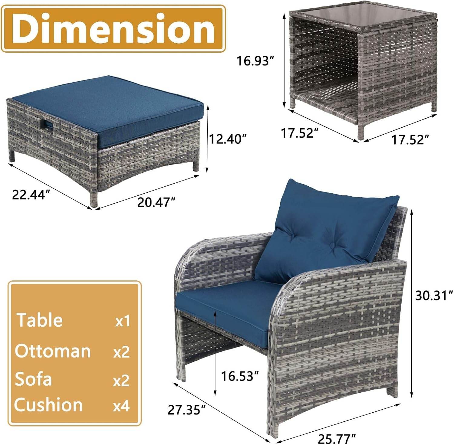 5 Pieces Wicker Outdoor Patio Chairs Set with Ottoman, All Weather PE Rattan Patio Conversation Furniture Set Outdoor Furniture Set with Hidden Ottoman for Poolside Garden Balcony, Blue - Loft&Timber