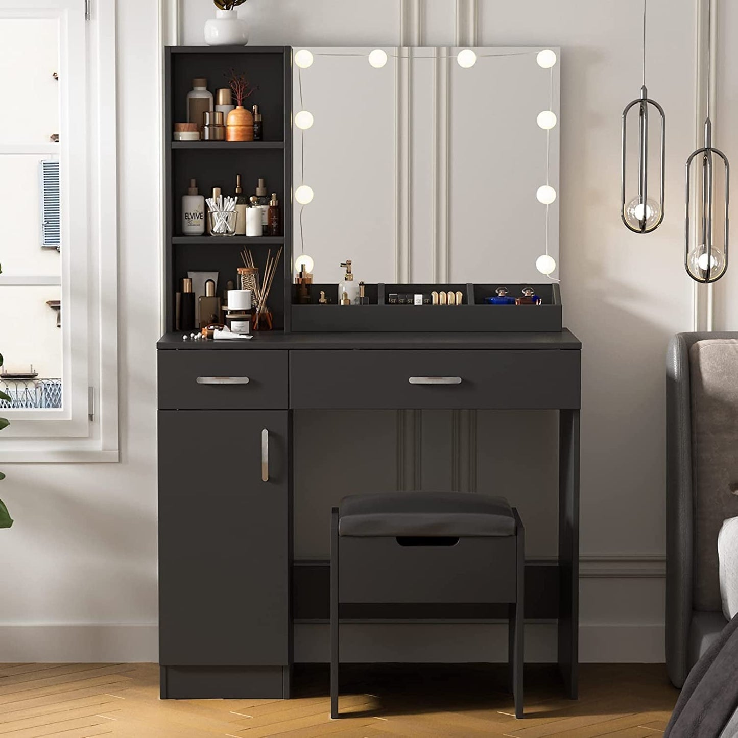 Makeup Vanity Desk with Lighted Mirror, 2 Drawers, Cabinet (Black)-1