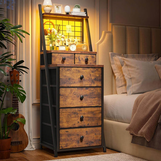 Vertical Dresser for Bedroom 6-Drawer LED Dressers & Chest in Rustic Brown - Loft&Timber