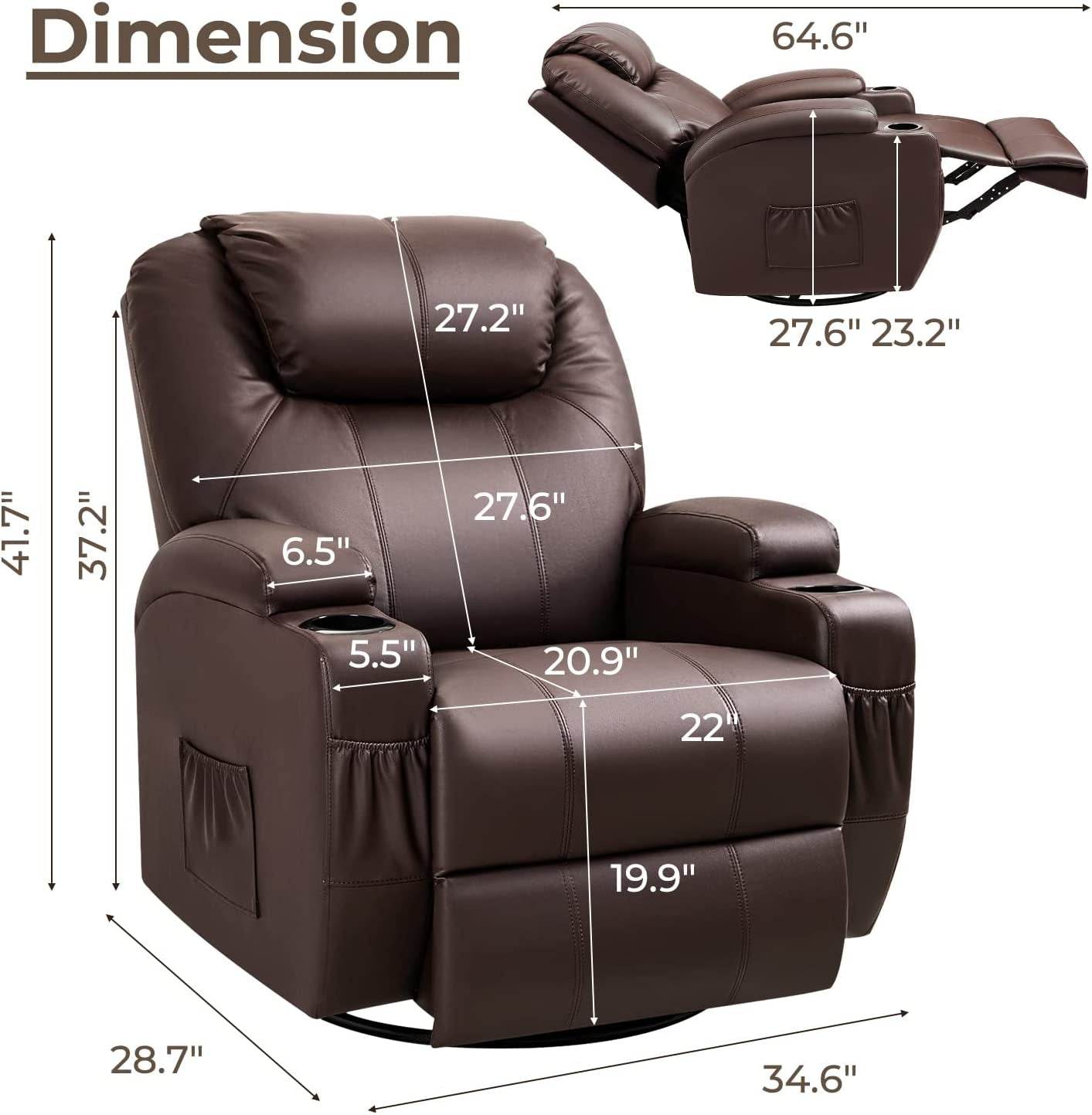 PU Leather Recliner Chair with Massage and Heat (Brown) - Loft&Timber