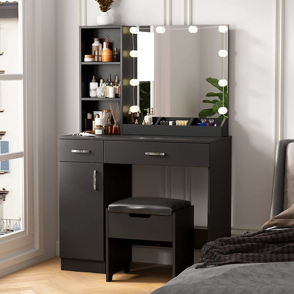 Makeup Vanity Desk with Lighted Mirror, 2 Drawers, Cabinet (Black)-0