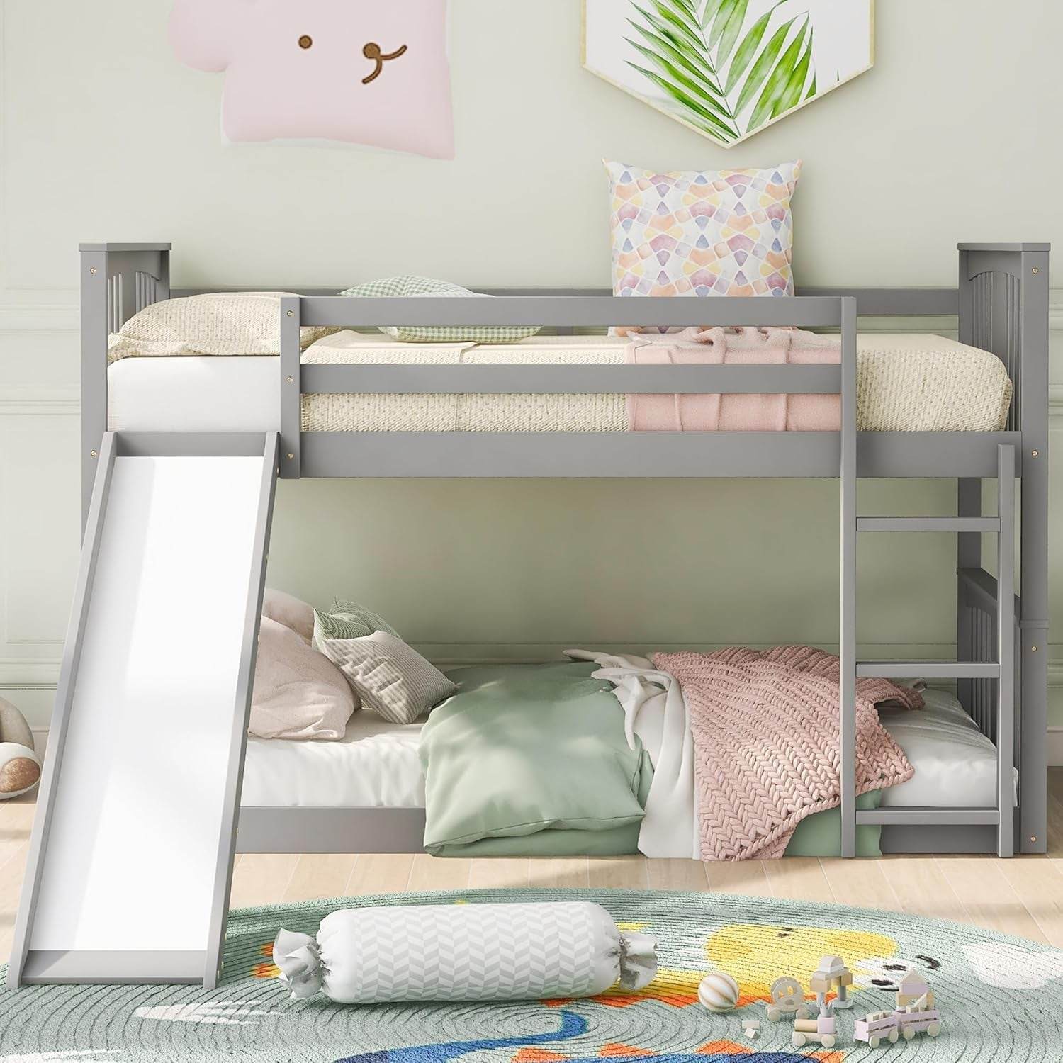 Montessori Floor Bunk Bed Twin over Twin, Twin Bunk Bed with Slide and Ladder, Kids Bunk Beds with Guardrail Headboard and Footboard, Low Bunk Beds for Kids, Boys, Girls, Twin Bunk Bed Gray - Loft&Timber
