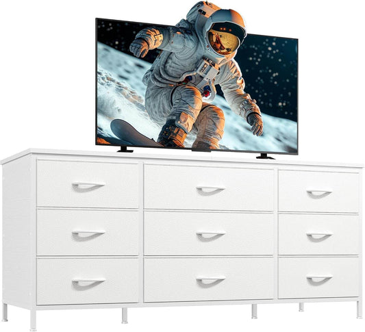 Dresser TV Stand with 9 Drawers for 60'' TV Stand for Bedroom Long Dresser for Bedroom Wide Dressers & Chests of Drawers, Sturdy Metal Frame & Wood Top, Living Room, Closet, White - Loft&Timber