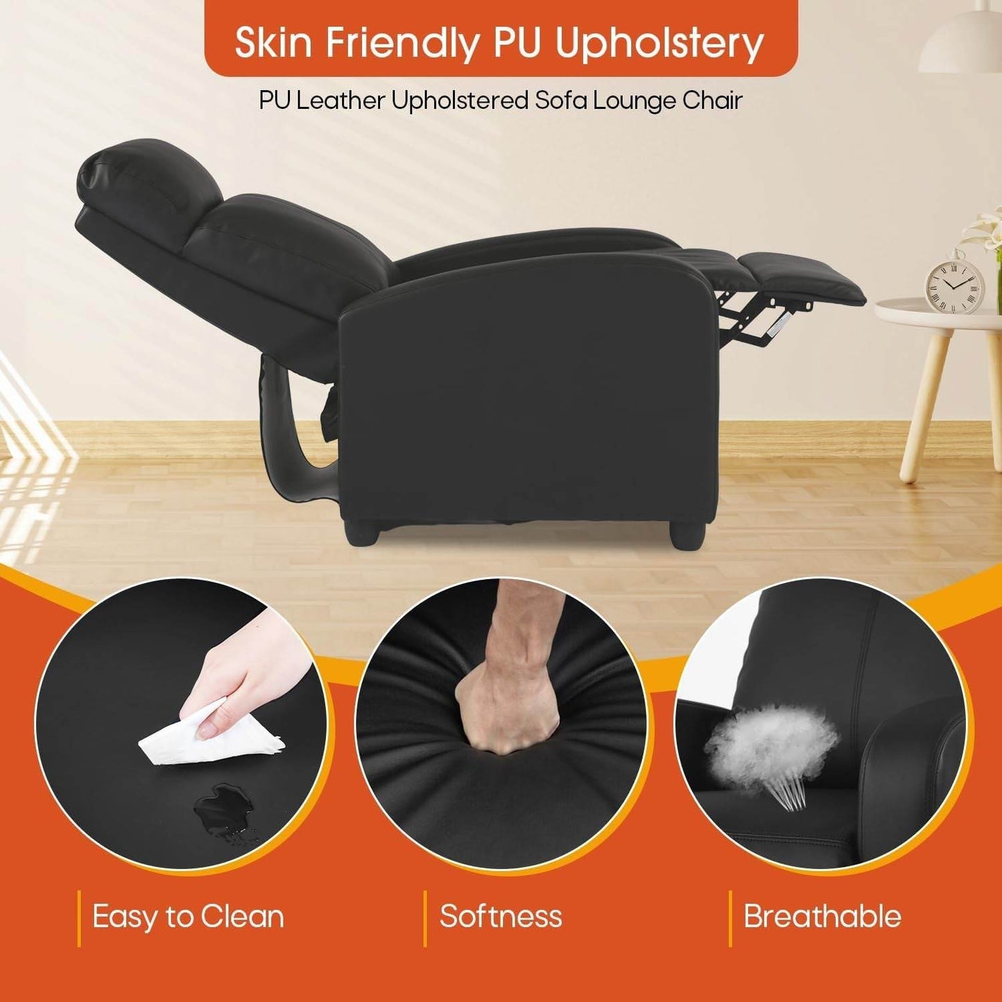 Recliner Chair PU Leather Recliner Sofa Home Theater Seating with Lumbar Support Overstuffed High-Density Sponge Push Back Recliners Armchair for Living Room,Black - Loft&Timber