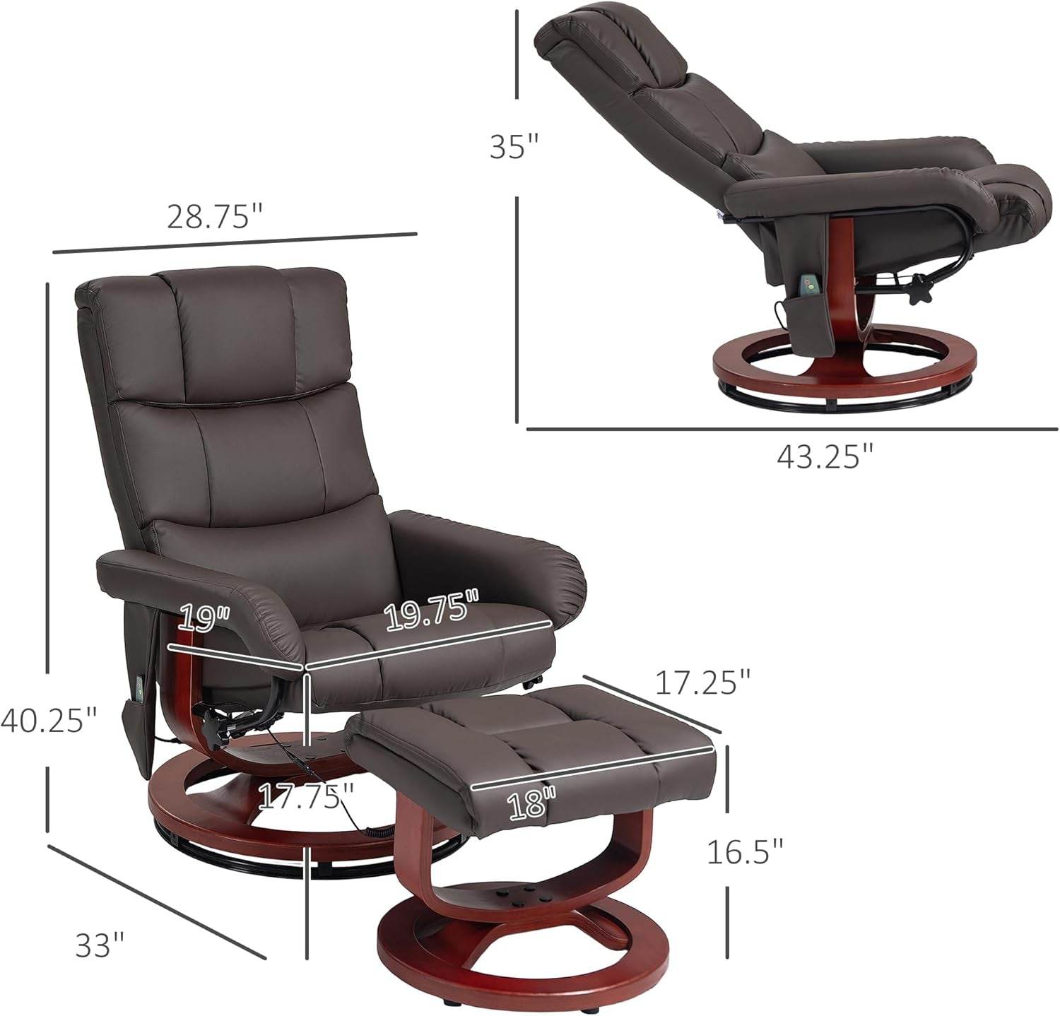 Massage Recliner Chair with Ottoman, Swivel Recliner and Footrest, Faux Leather Reclining Chair with Remote Control and Side Pocket, Brown - Loft&Timber