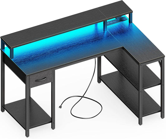 47 Inch Reversible L Shaped Desk with LED Lights & Power Outlets in Black - Loft&Timber