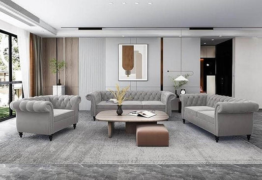 3-Piece Living Room Sectional Sofa Set, Upholstered Sofa Modern Sofa Couches Set Style Button Tufted, Velvet Chesterfield Sofa for Living Room Apartment, 1+2+3 Seat Grey - Loft&Timber