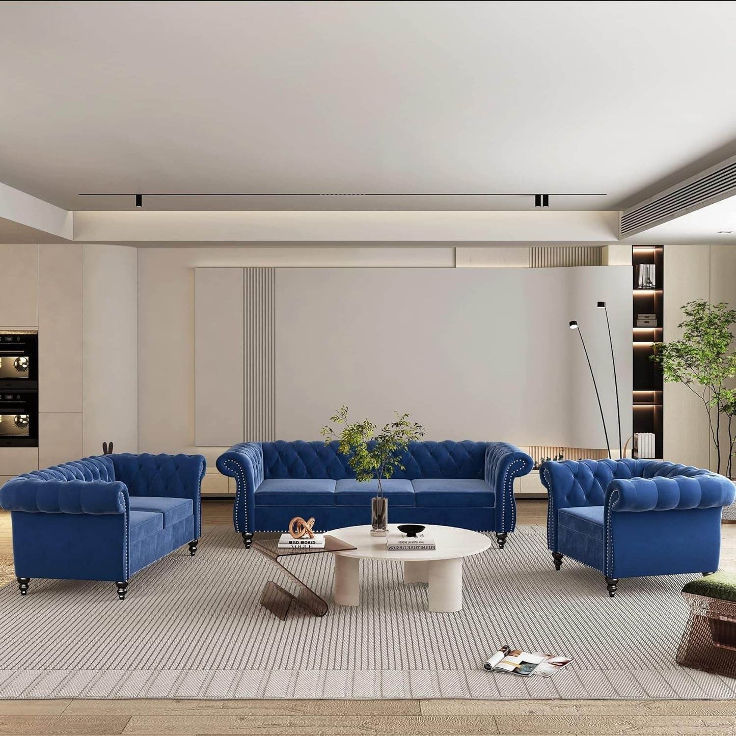 3-Piece Living Room Sectional Sofa Set, Blue Couch Upholstered Sofa Modern Sofa Couches Set Style Button Tufted, Velvet Chesterfield Sofa for Living Room Apartment, 1+2+3 Seat Blue - Loft&Timber