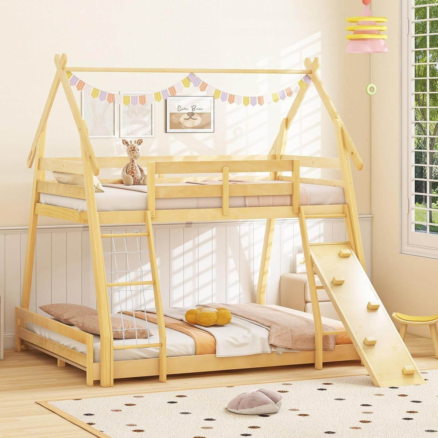 Twin over Queen Bunk Bed, Wood House Bunk Bed for Kids with Climbing Nets and Ramp, Floor Queen Size Bunk Beds with Safety Guardrail, No Box Spring Needed, for Boys Girls Adults (Natural) - Loft&Timber