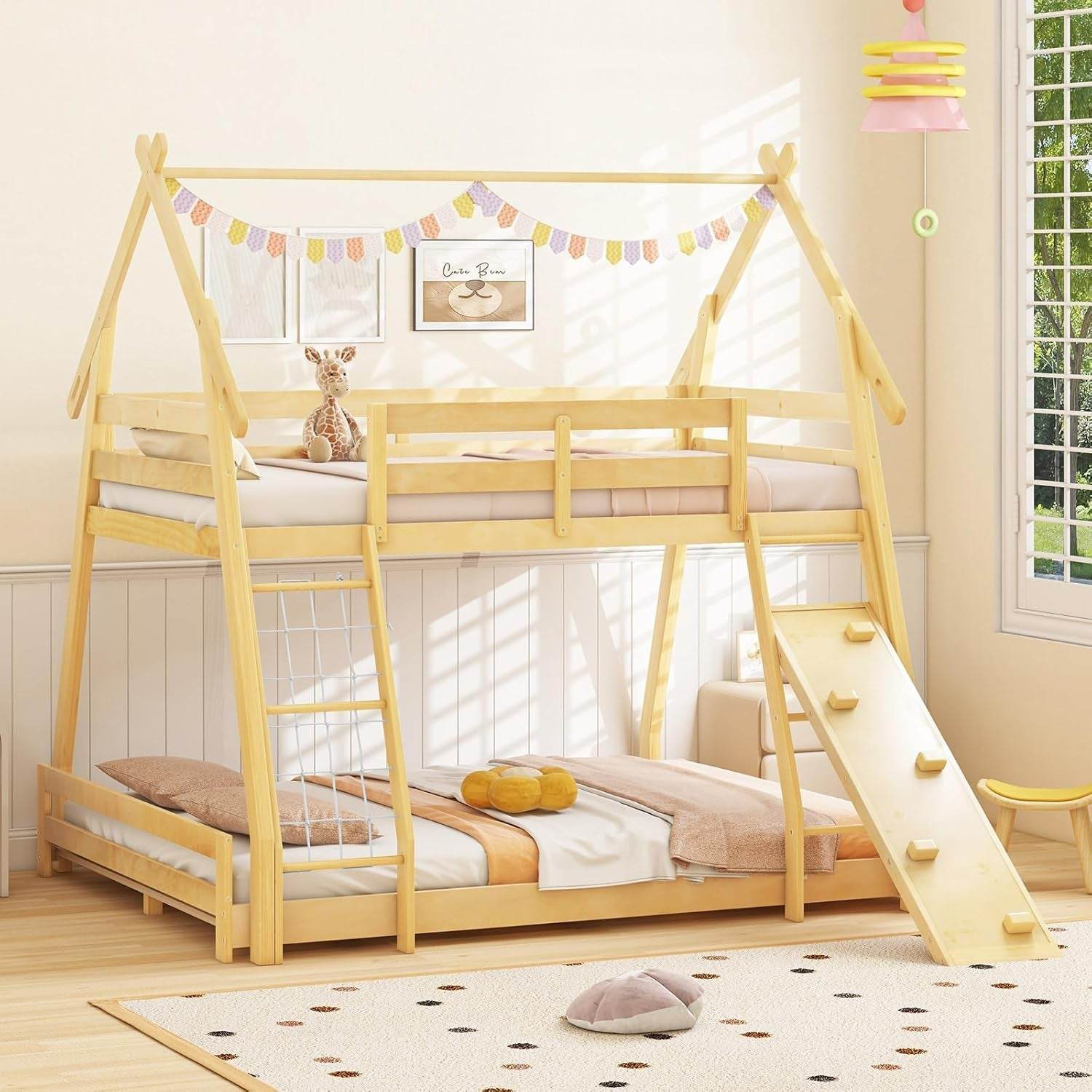 Twin over Queen Bunk Bed, Wood House Bunk Bed for Kids with Climbing Nets and Ramp, Floor Queen Size Bunk Beds with Safety Guardrail, No Box Spring Needed, for Boys Girls Adults (Natural) - Loft&Timber