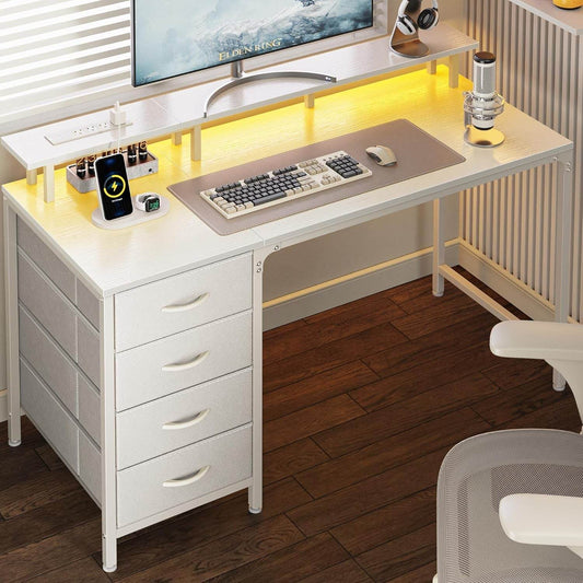 47 Inch Computer Desk with Power Outlets and LED Lights in White - Loft&Timber