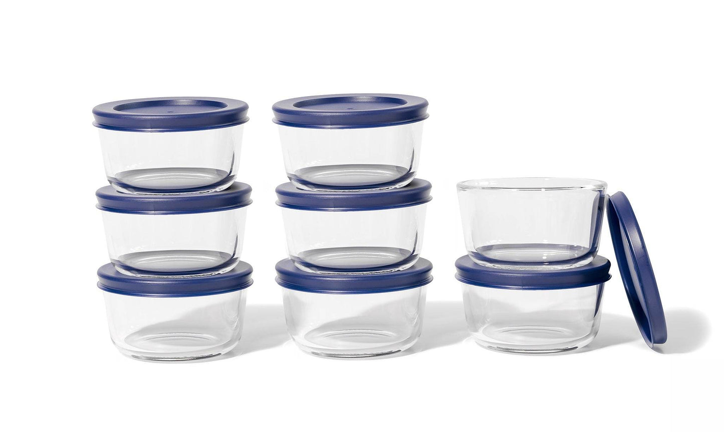 Glass Food Storage Containers - 16 Piece 7oz Set (8 Containers + 8 Lids), Blue - Loft&Timber