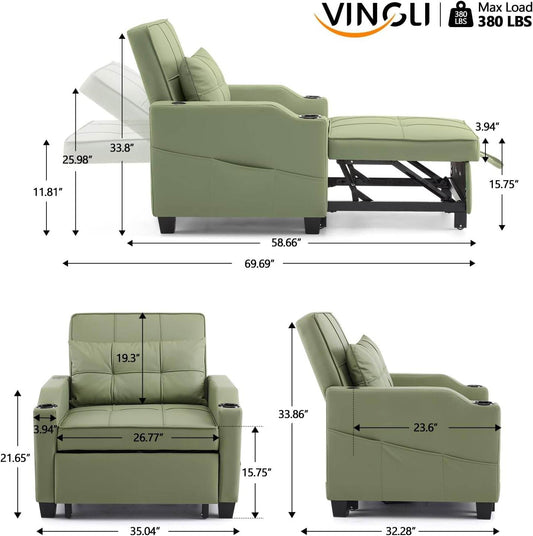 Sofa Bed Chair Recliner, 3-In-1 Convertible Sleeper Sofa Chair Bed Green Daybed Pull Out Couch Bed with Adjustable Backrest, USB Ports, Cup Holders for Small Spaces Living Room - Loft&Timber
