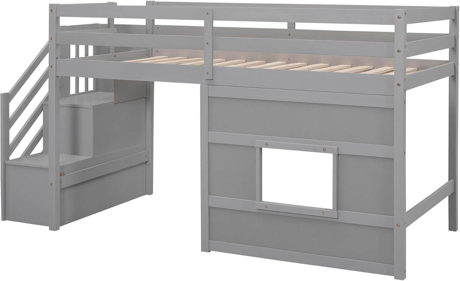 Twin Size Low Loft Bed with Stairs, Kids Loft Bed with Storage,Solid Wood Twin Loft Bed Frame for Kids, Space Saving Low Loft Bed for Boys, Girls, Gray - Loft&Timber