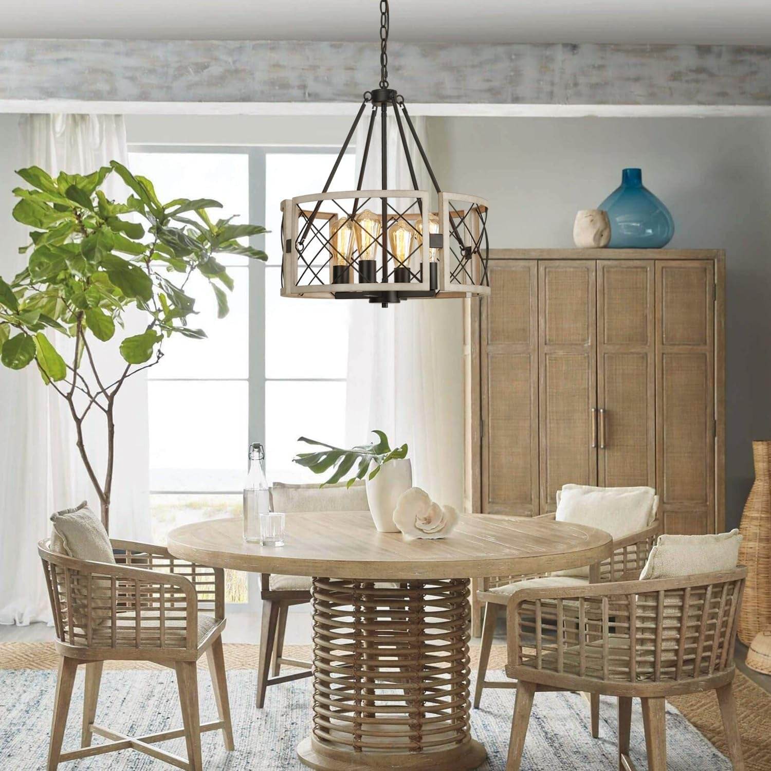 D19'' Farmhouse Chandelier, 4-Light Adjustable Dining Room Light Fixture Kitchen Island Lighting, Rustic Hanging Lights for Entryway Foyer Bedroom Living Room, Black & White Oak - Loft&Timber