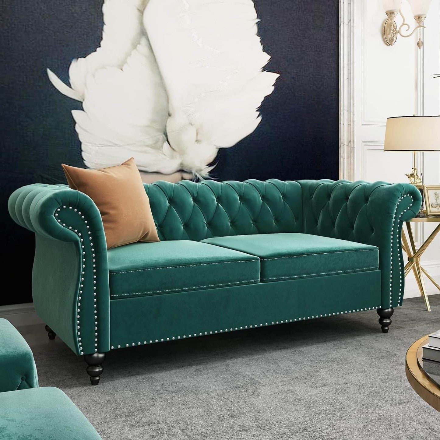 3-Piece Living Room Sectional Sofa Set, Green Velvet Couch Upholstered Sofa Modern Sofa Couches Set Style Button Tufted, Velvet Chesterfield Sofa for Living Room Apartment, 1+2+3 Seat Green - Loft&Timber